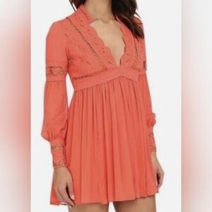  Free People In Dreamland Cutout Coral Orange Mini Dress Size 2